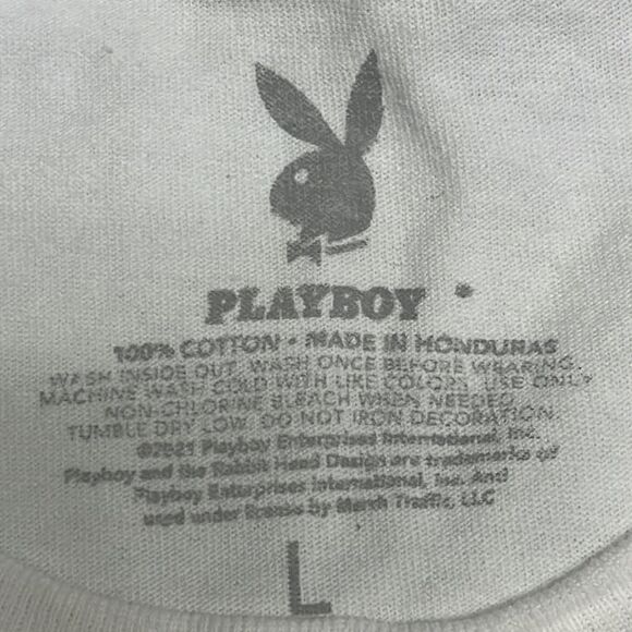 Playboy Bunny Distressed Cut Cropped Cotton Crewneck White T-Shirt- Large - Picture 10 of 10